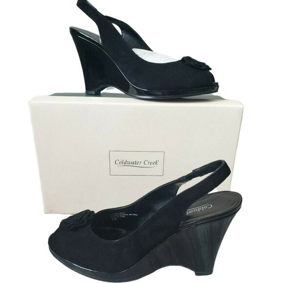 Coldwater Creek Suede Rose Sling Wedge Peep Toe Sandals Womens 8.5 Black NEW - Picture 1 of 14
